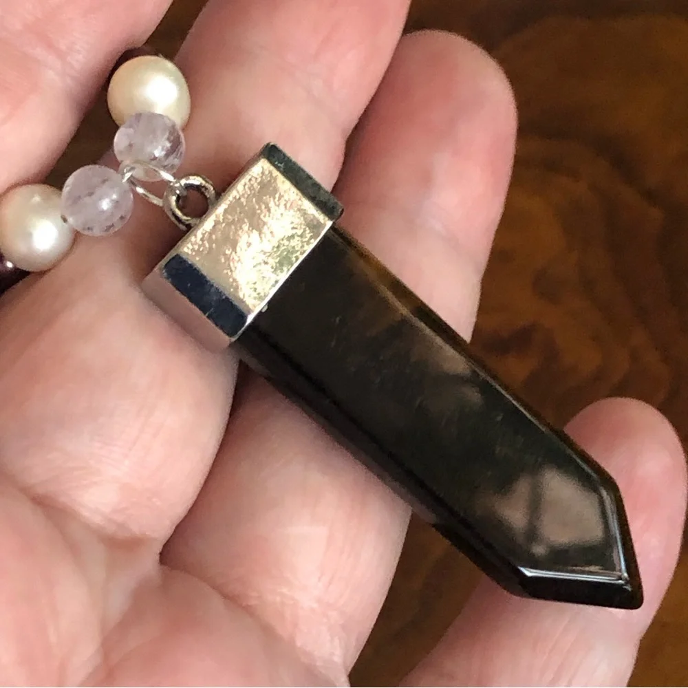 Handcrafted repurpose Tiger eye stone pendant Czech glass Pearl necklace